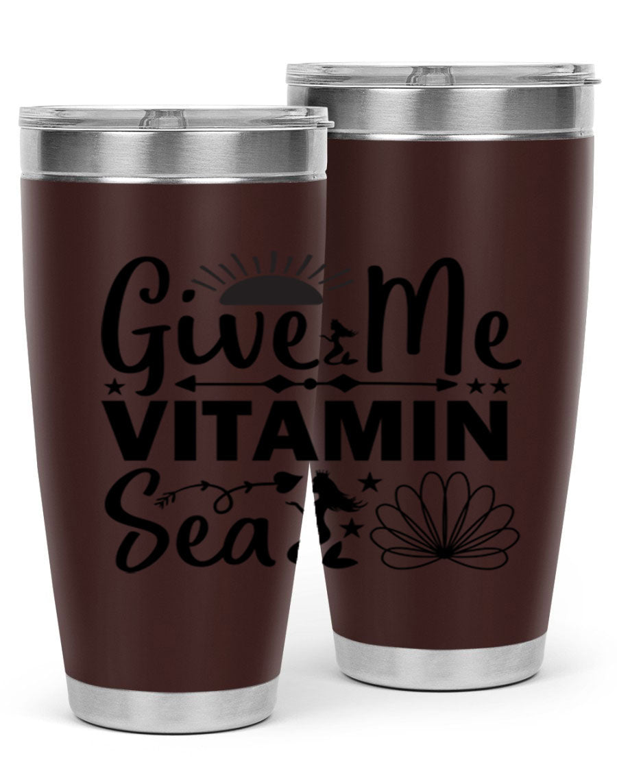 Give Me Vitamin Sea 20oz tumbler featuring a mermaid design, made of stainless steel with a copper lining.