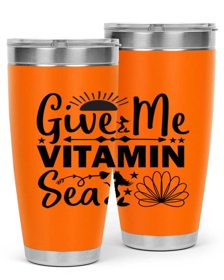 Give Me Vitamin Sea 20oz tumbler featuring a mermaid design, made of stainless steel with a copper lining.
