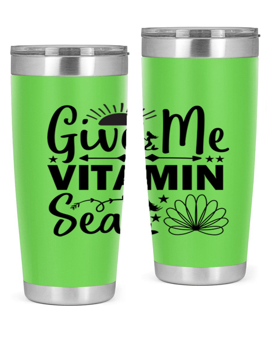 Give Me Vitamin Sea 20oz tumbler featuring a mermaid design, made of stainless steel with a copper lining.