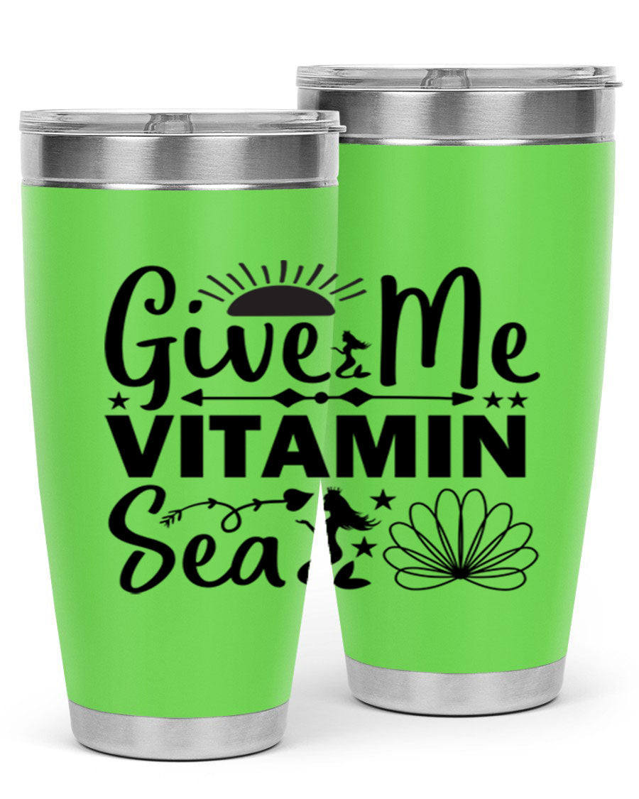Give Me Vitamin Sea 20oz tumbler featuring a mermaid design, made of stainless steel with a copper lining.