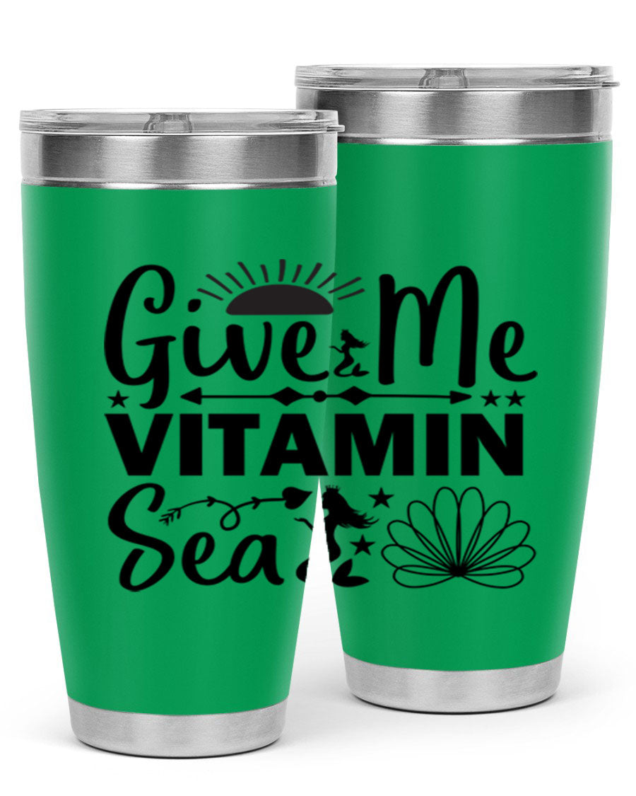 Give Me Vitamin Sea 20oz tumbler featuring a mermaid design, made of stainless steel with a copper lining.