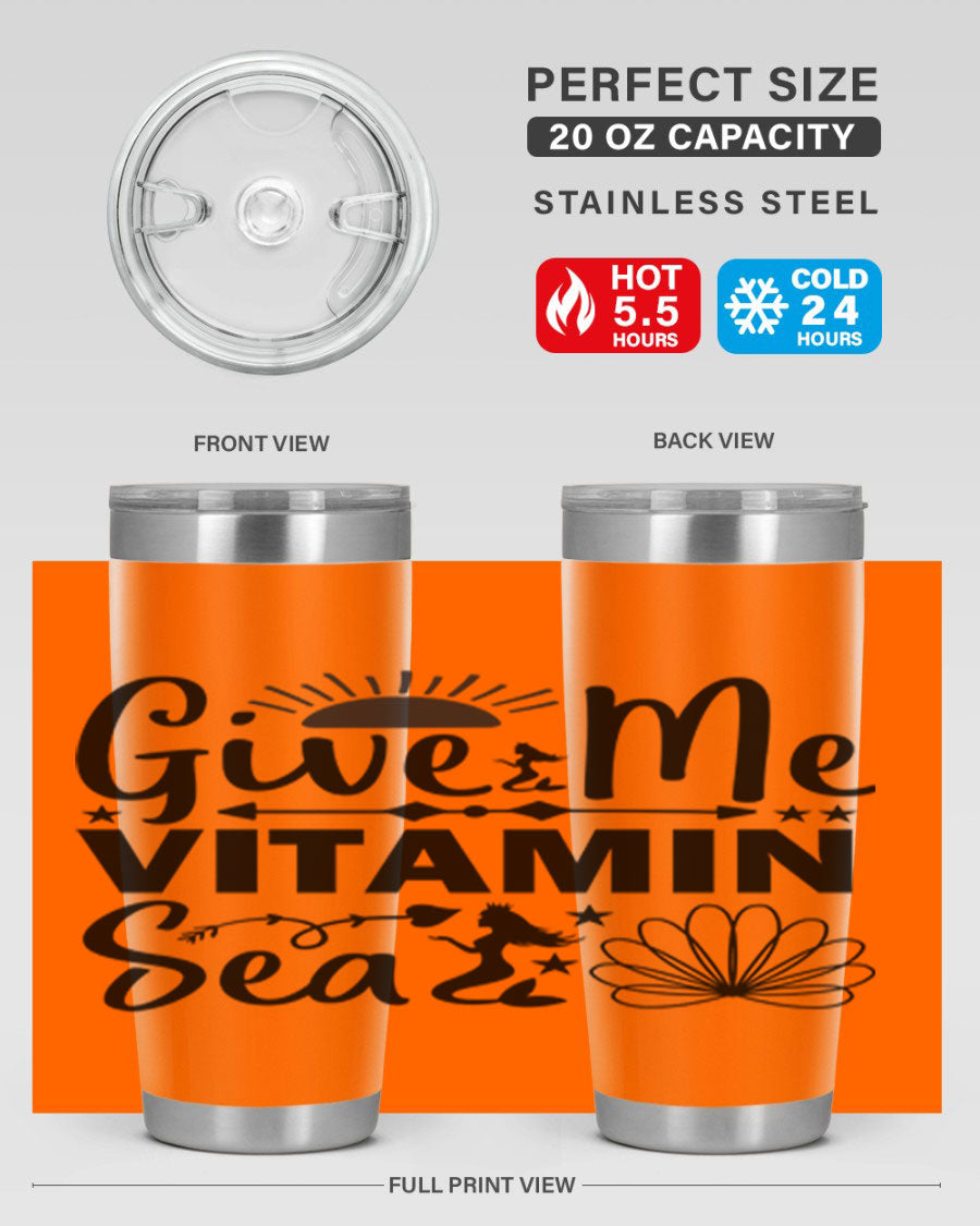 Give Me Vitamin Sea 20oz tumbler featuring a mermaid design, made of stainless steel with a copper lining.