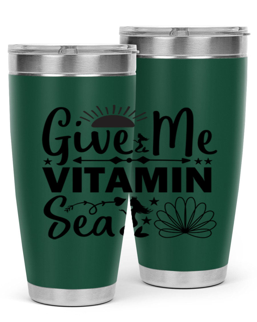 Give Me Vitamin Sea 20oz tumbler featuring a mermaid design, made of stainless steel with a copper lining.