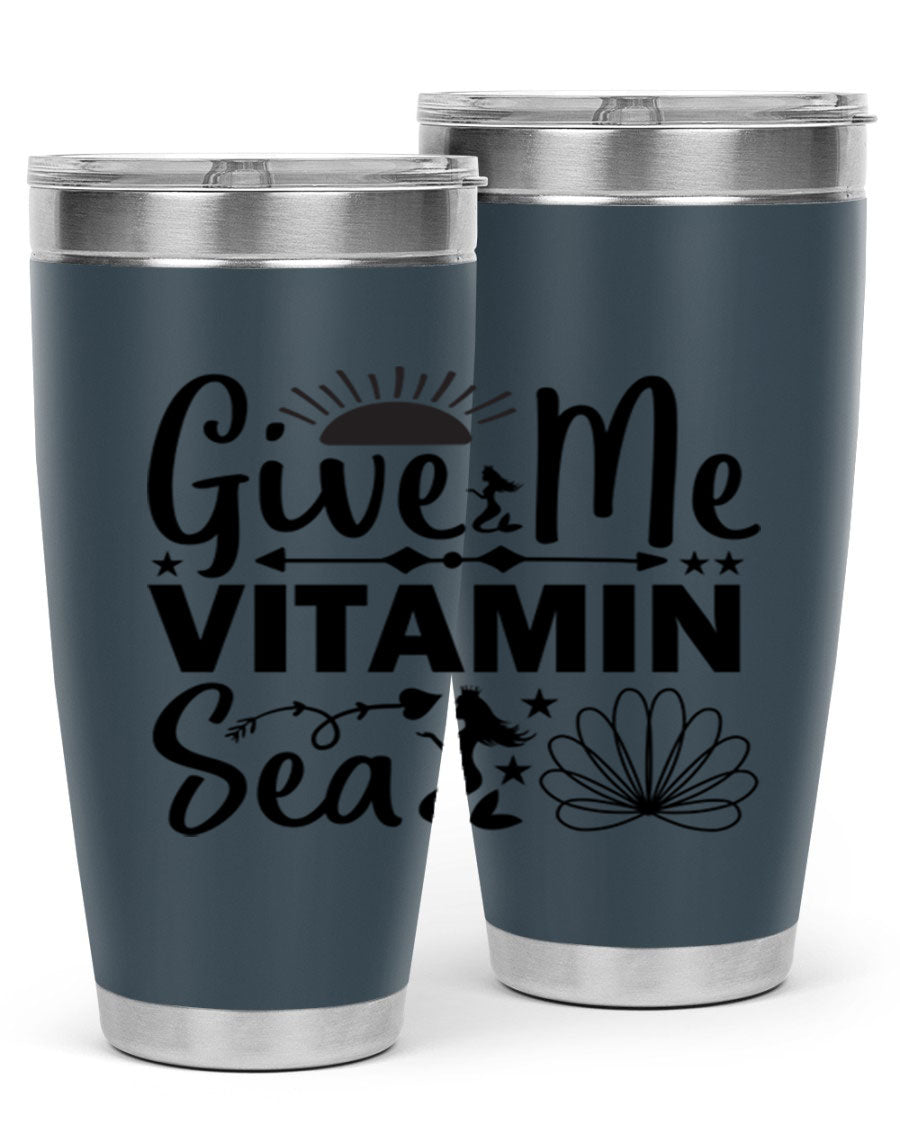 Give Me Vitamin Sea 20oz tumbler featuring a mermaid design, made of stainless steel with a copper lining.