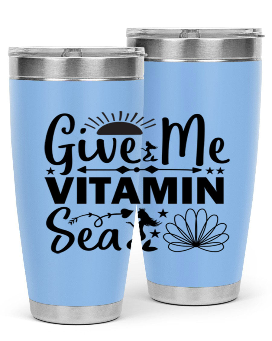 Give Me Vitamin Sea 20oz tumbler featuring a mermaid design, made of stainless steel with a copper lining.