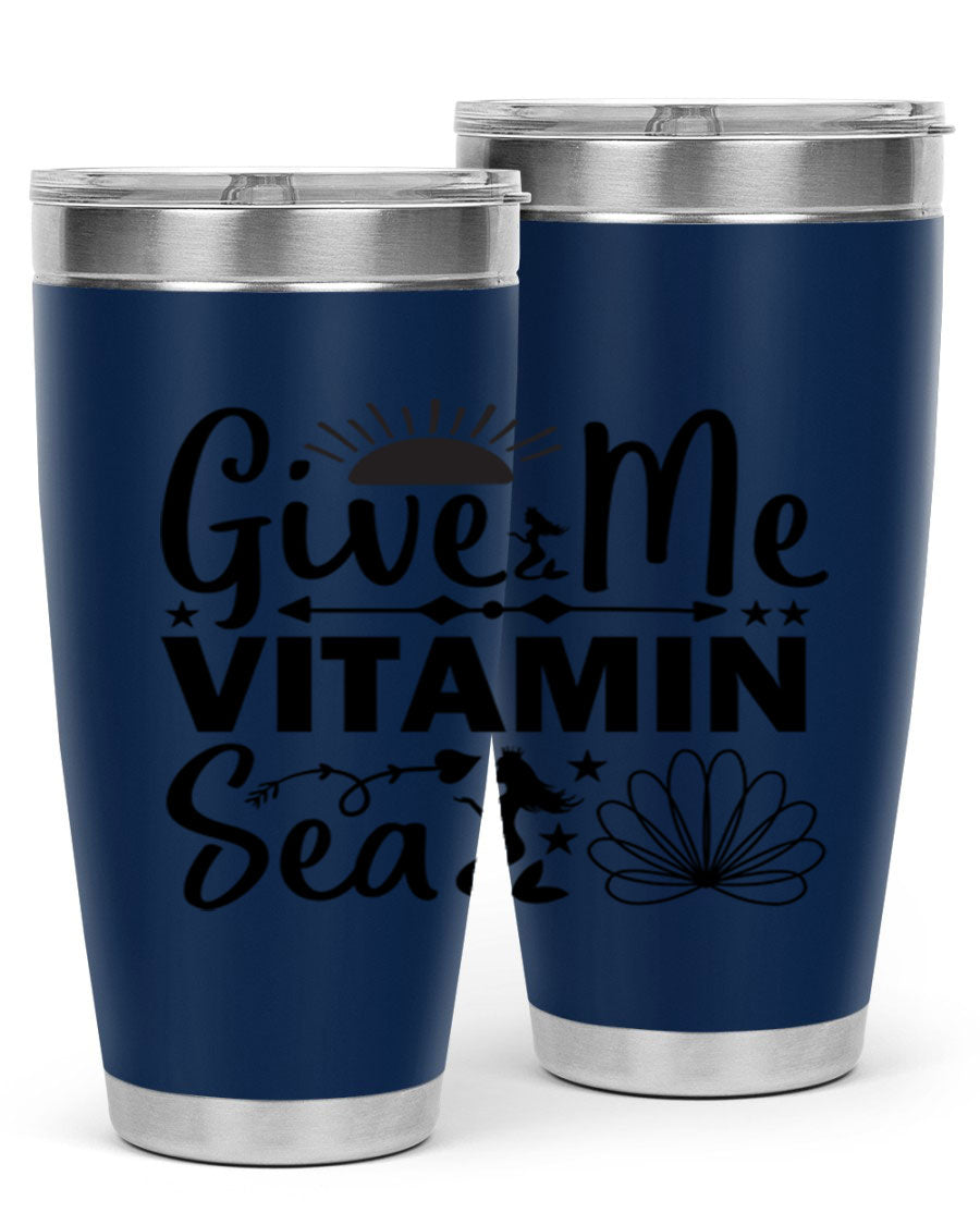 Give Me Vitamin Sea 20oz tumbler featuring a mermaid design, made of stainless steel with a copper lining.