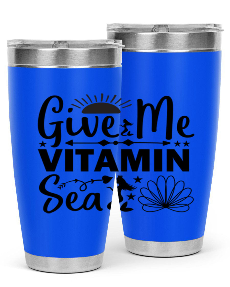 Give Me Vitamin Sea 20oz tumbler featuring a mermaid design, made of stainless steel with a copper lining.