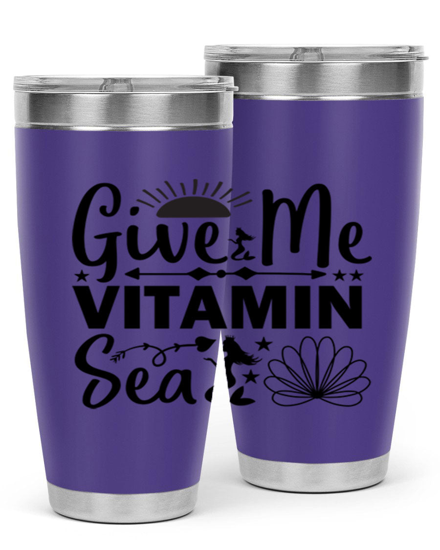 Give Me Vitamin Sea 20oz tumbler featuring a mermaid design, made of stainless steel with a copper lining.