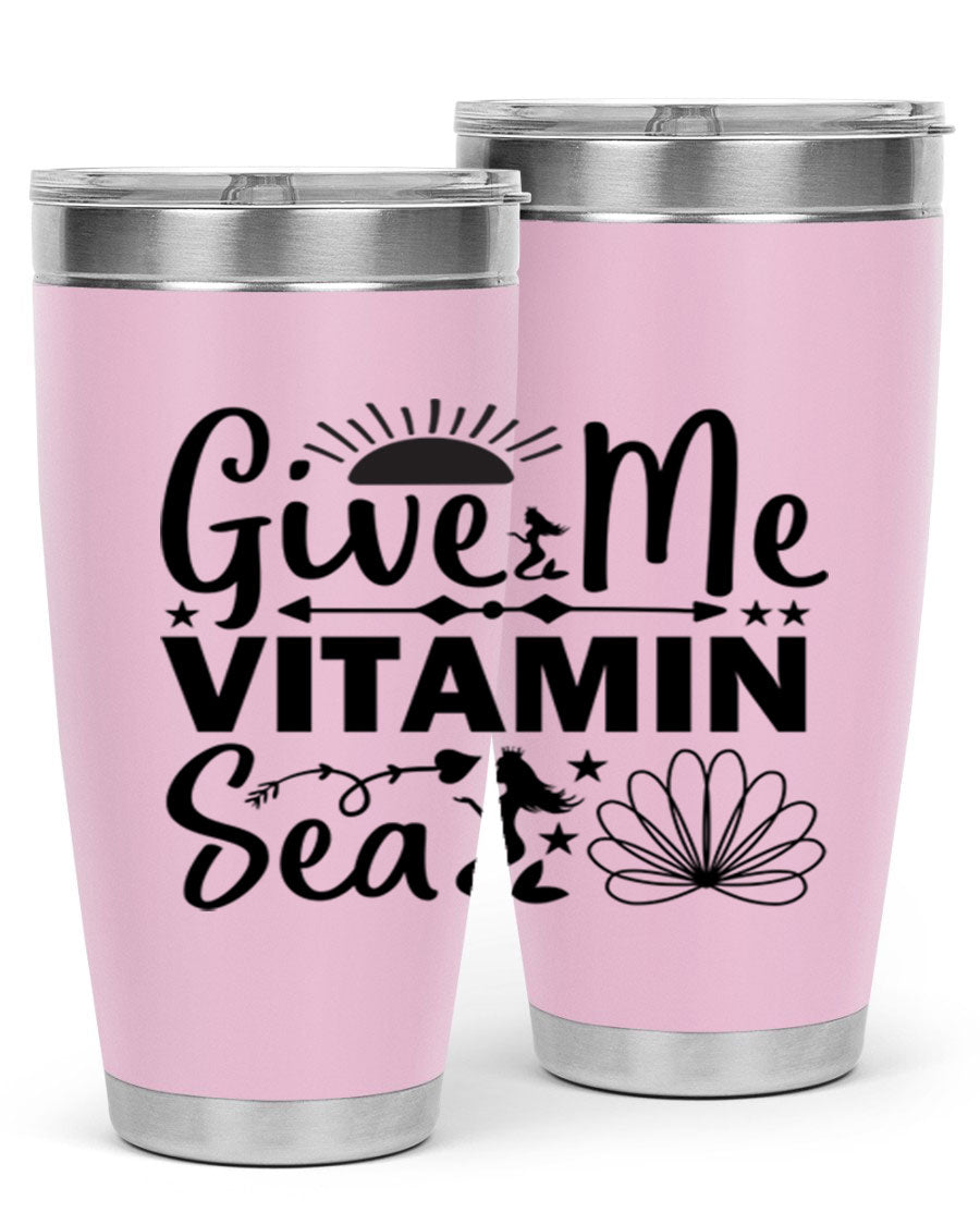 Give Me Vitamin Sea 20oz tumbler featuring a mermaid design, made of stainless steel with a copper lining.
