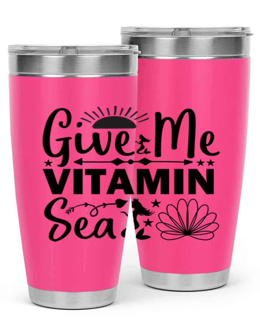 Give Me Vitamin Sea 20oz tumbler featuring a mermaid design, made of stainless steel with a copper lining.