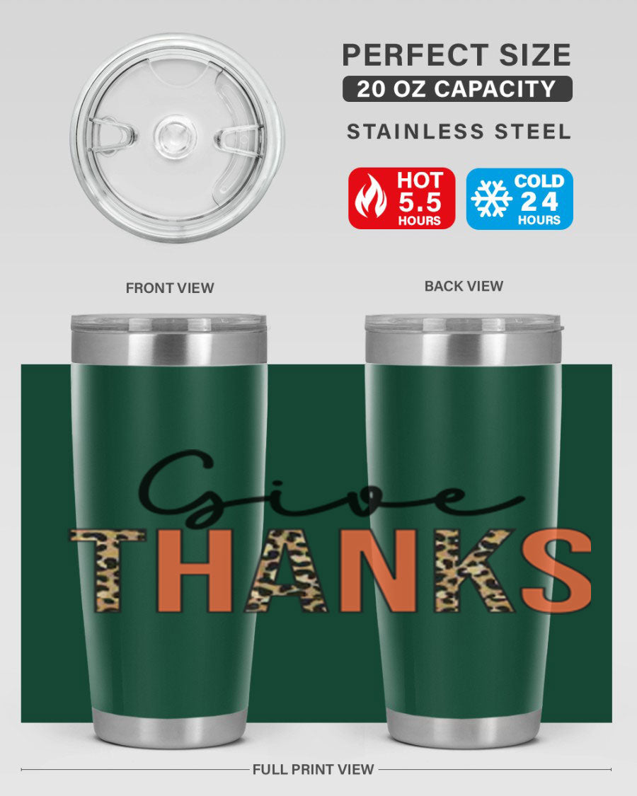 Give Thanks 20oz Tumbler featuring double wall vacuum stainless steel with copper lining, designed for hot and cold beverages.