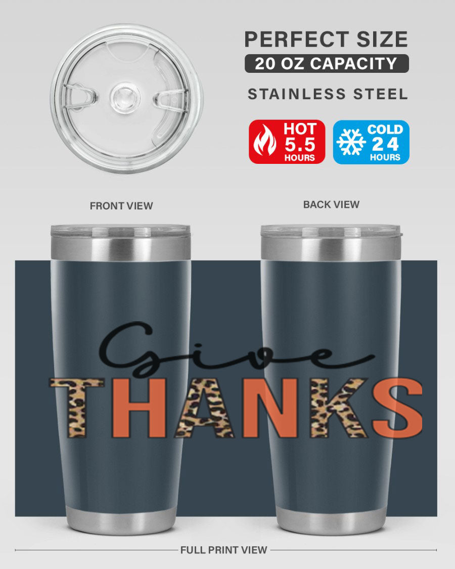 Give Thanks 20oz Tumbler featuring double wall vacuum stainless steel with copper lining, designed for hot and cold beverages.