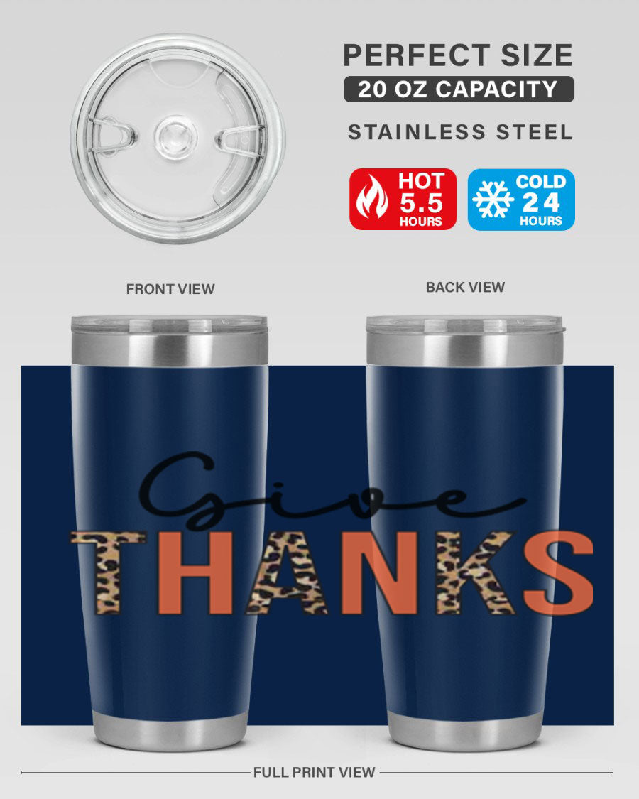 Give Thanks 20oz Tumbler featuring double wall vacuum stainless steel with copper lining, designed for hot and cold beverages.