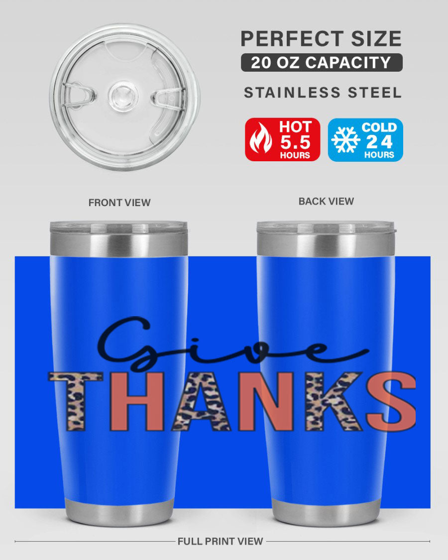 Give Thanks 20oz Tumbler featuring double wall vacuum stainless steel with copper lining, designed for hot and cold beverages.