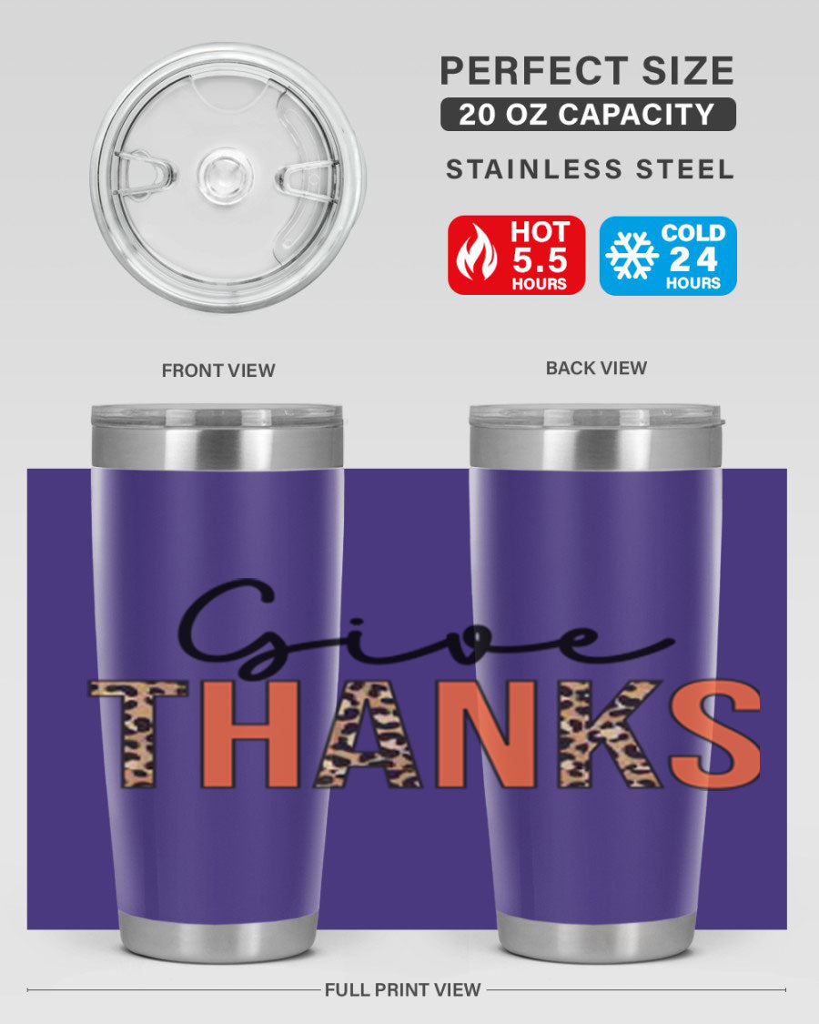 Give Thanks 20oz Tumbler featuring double wall vacuum stainless steel with copper lining, designed for hot and cold beverages.