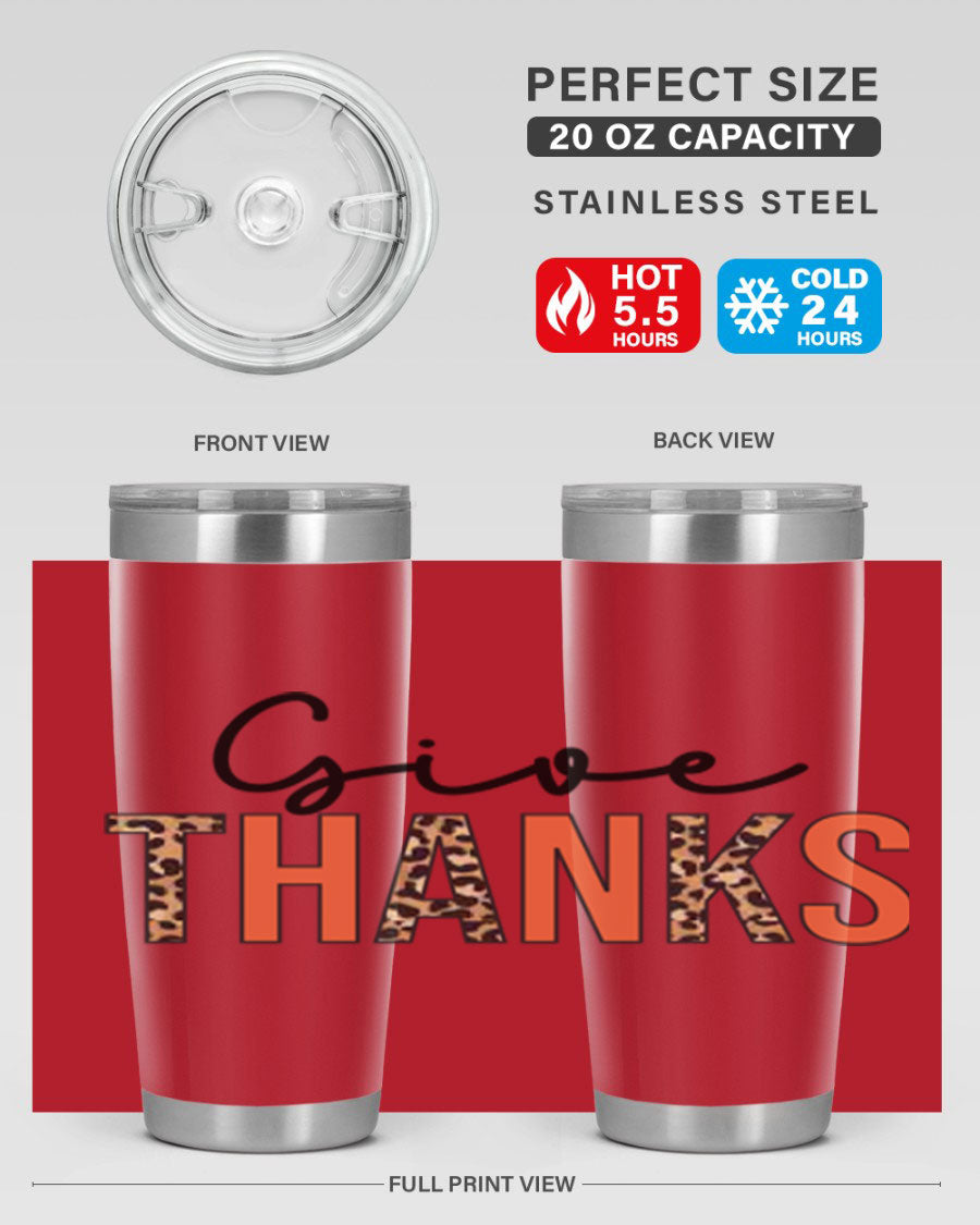 Give Thanks 20oz Tumbler featuring double wall vacuum stainless steel with copper lining, designed for hot and cold beverages.