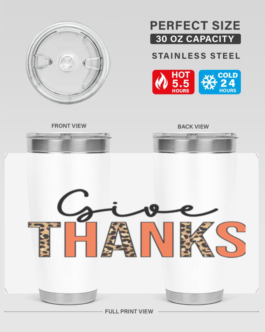 Give Thanks 20oz Tumbler featuring double wall vacuum stainless steel with copper lining, designed for hot and cold beverages.