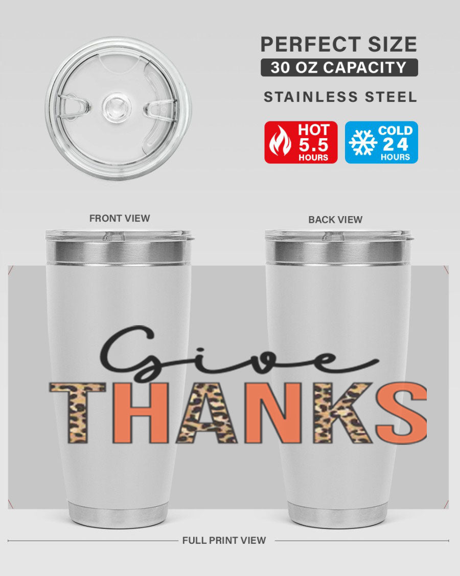 Give Thanks 20oz Tumbler featuring double wall vacuum stainless steel with copper lining, designed for hot and cold beverages.