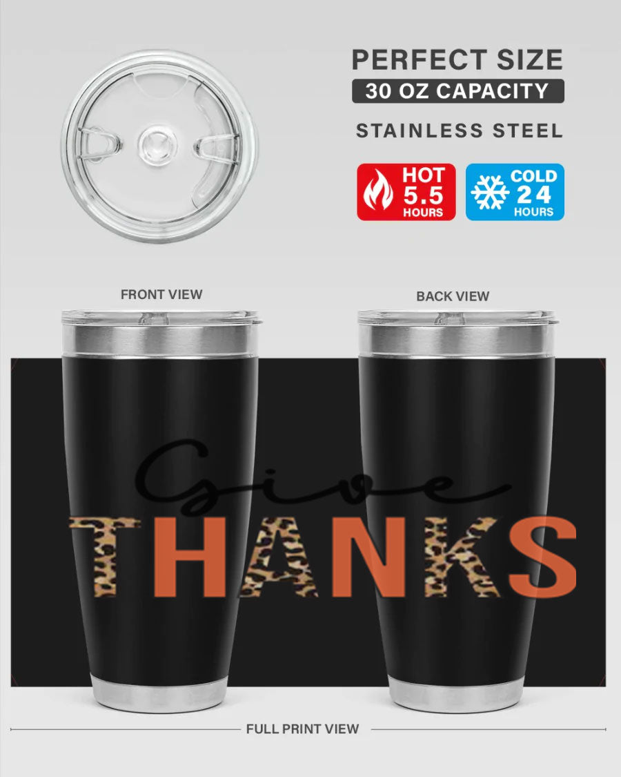Give Thanks 20oz Tumbler featuring double wall vacuum stainless steel with copper lining, designed for hot and cold beverages.