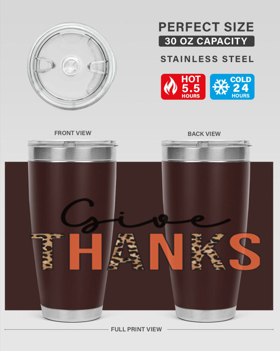 Give Thanks 20oz Tumbler featuring double wall vacuum stainless steel with copper lining, designed for hot and cold beverages.