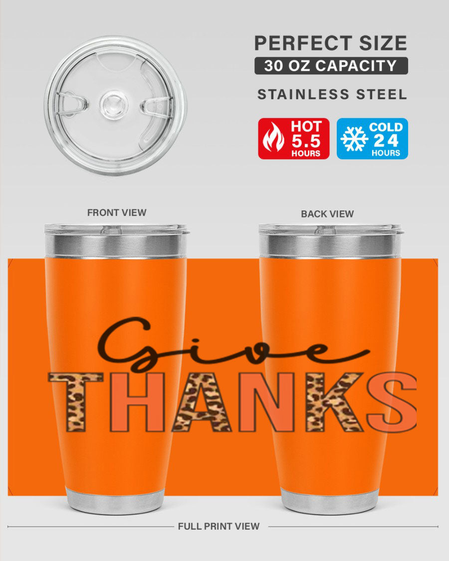 Give Thanks 20oz Tumbler featuring double wall vacuum stainless steel with copper lining, designed for hot and cold beverages.