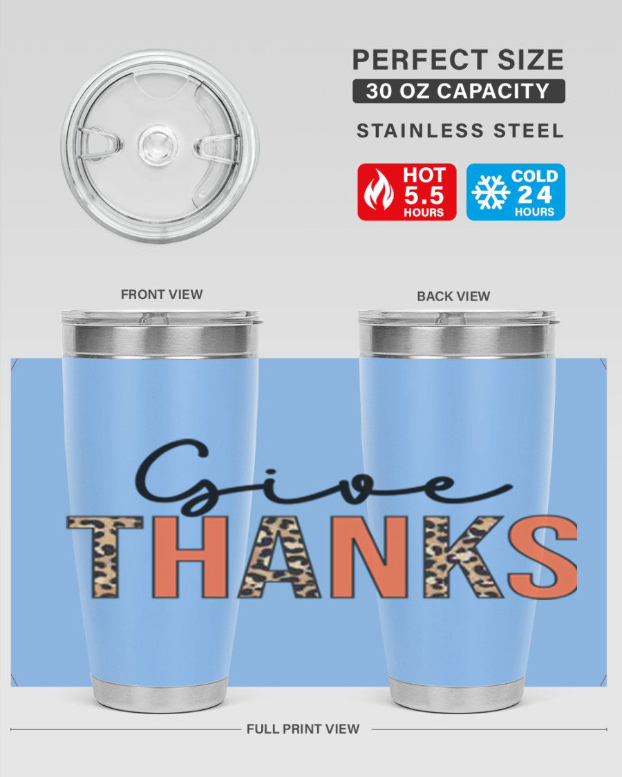Give Thanks 20oz Tumbler featuring double wall vacuum stainless steel with copper lining, designed for hot and cold beverages.