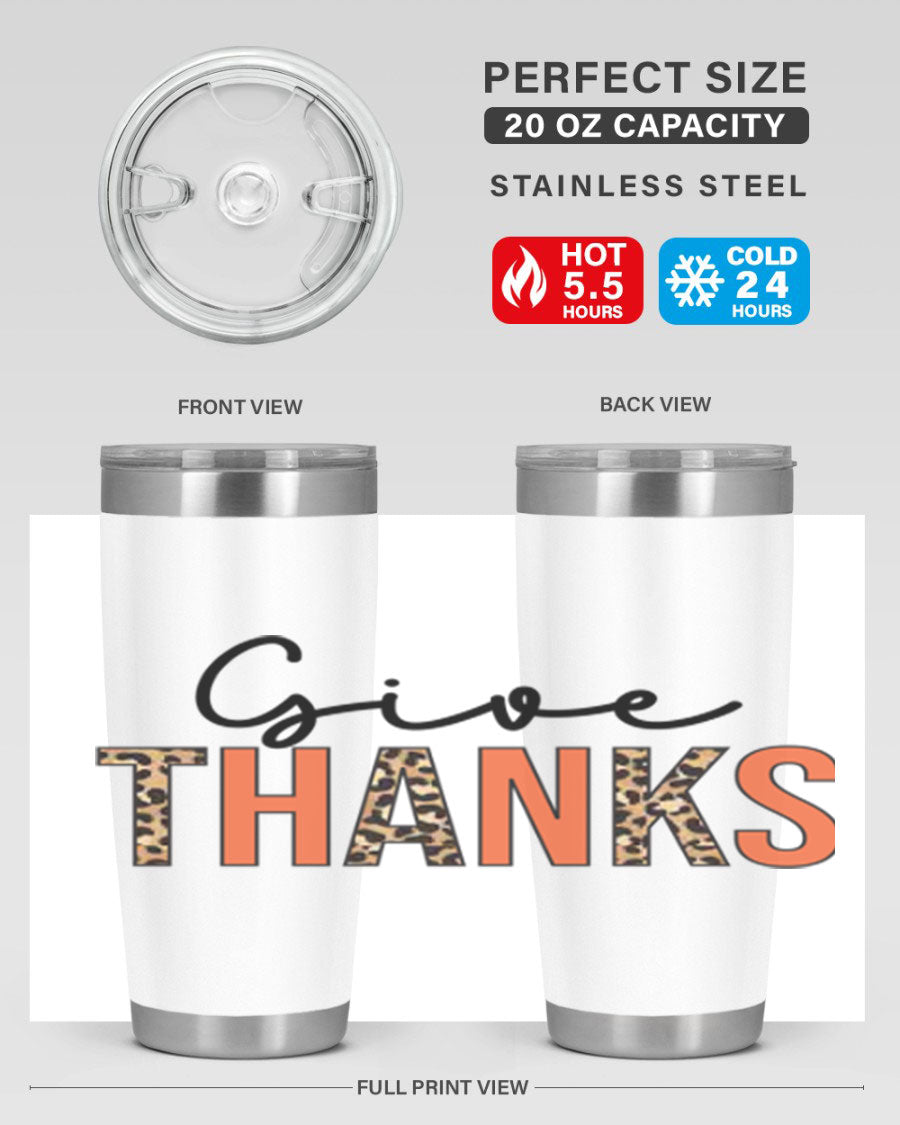 Give Thanks 20oz Tumbler featuring double wall vacuum stainless steel with copper lining, designed for hot and cold beverages.