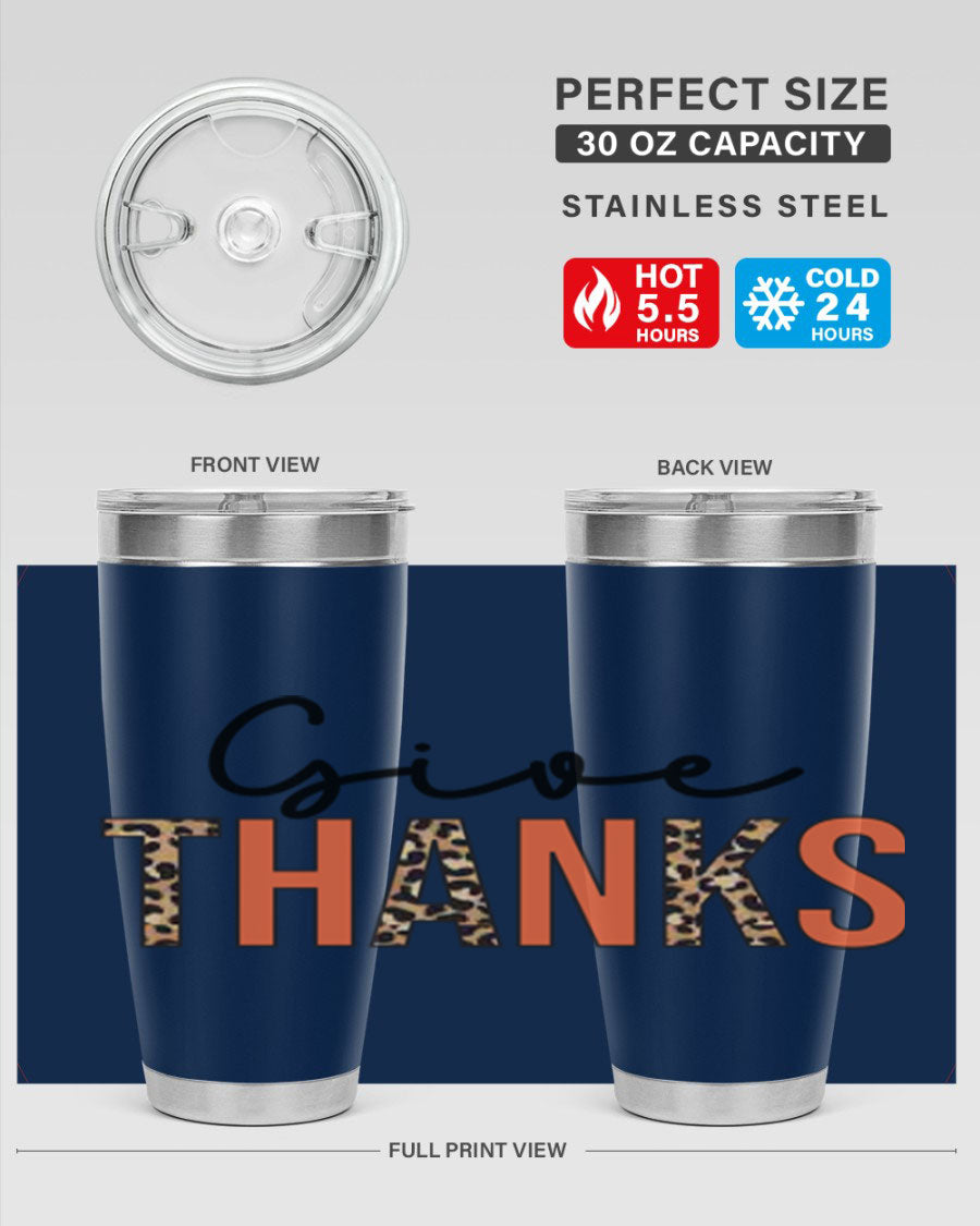 Give Thanks 20oz Tumbler featuring double wall vacuum stainless steel with copper lining, designed for hot and cold beverages.