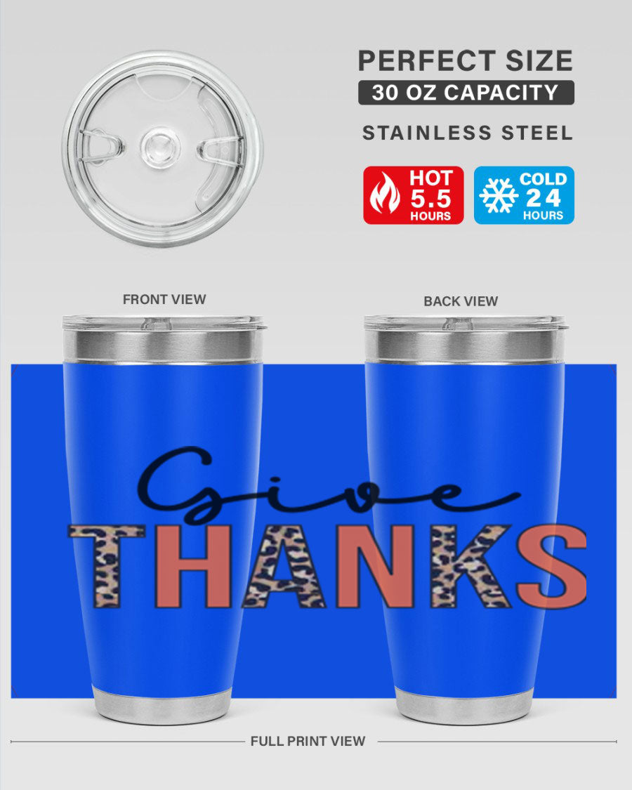 Give Thanks 20oz Tumbler featuring double wall vacuum stainless steel with copper lining, designed for hot and cold beverages.