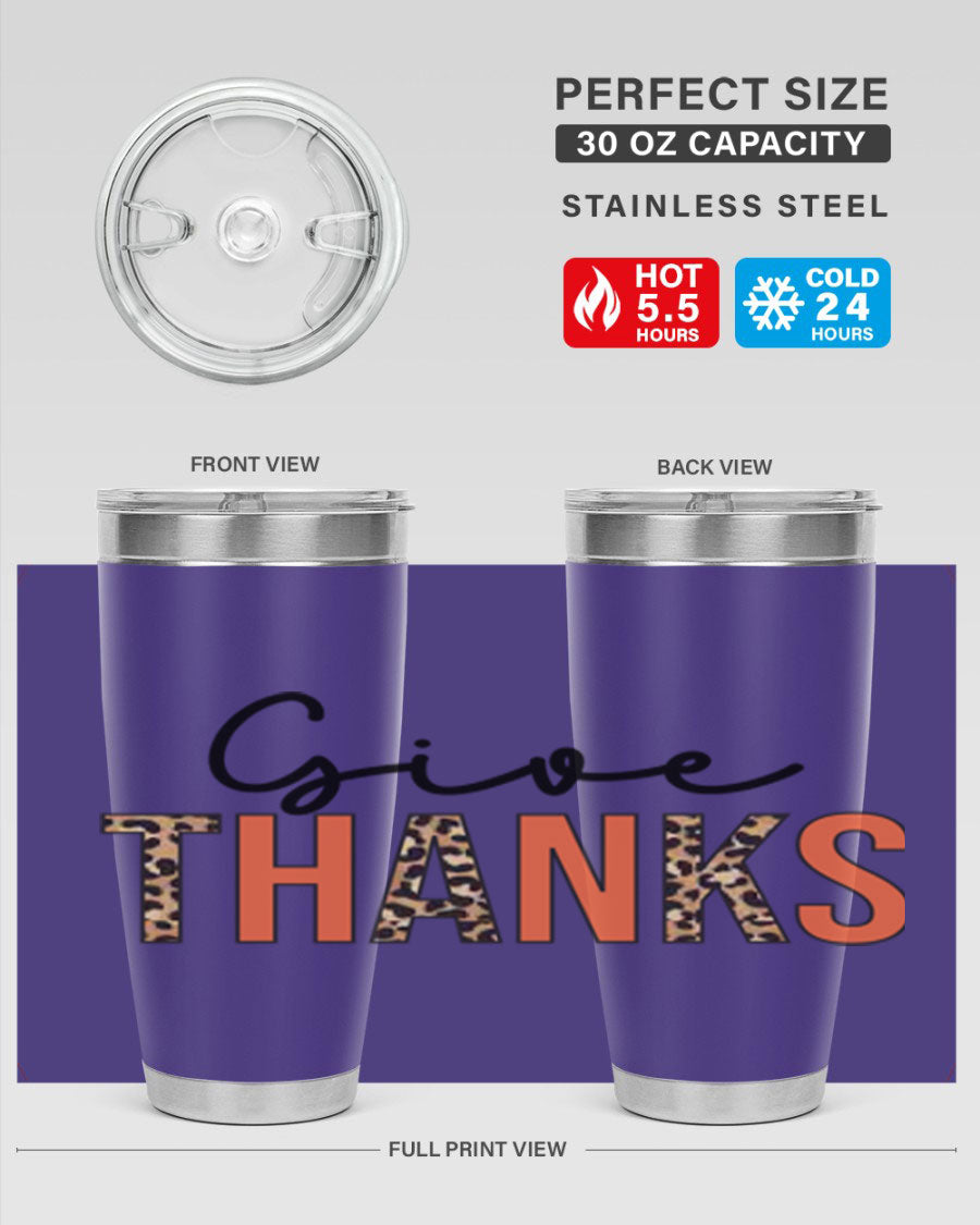 Give Thanks 20oz Tumbler featuring double wall vacuum stainless steel with copper lining, designed for hot and cold beverages.