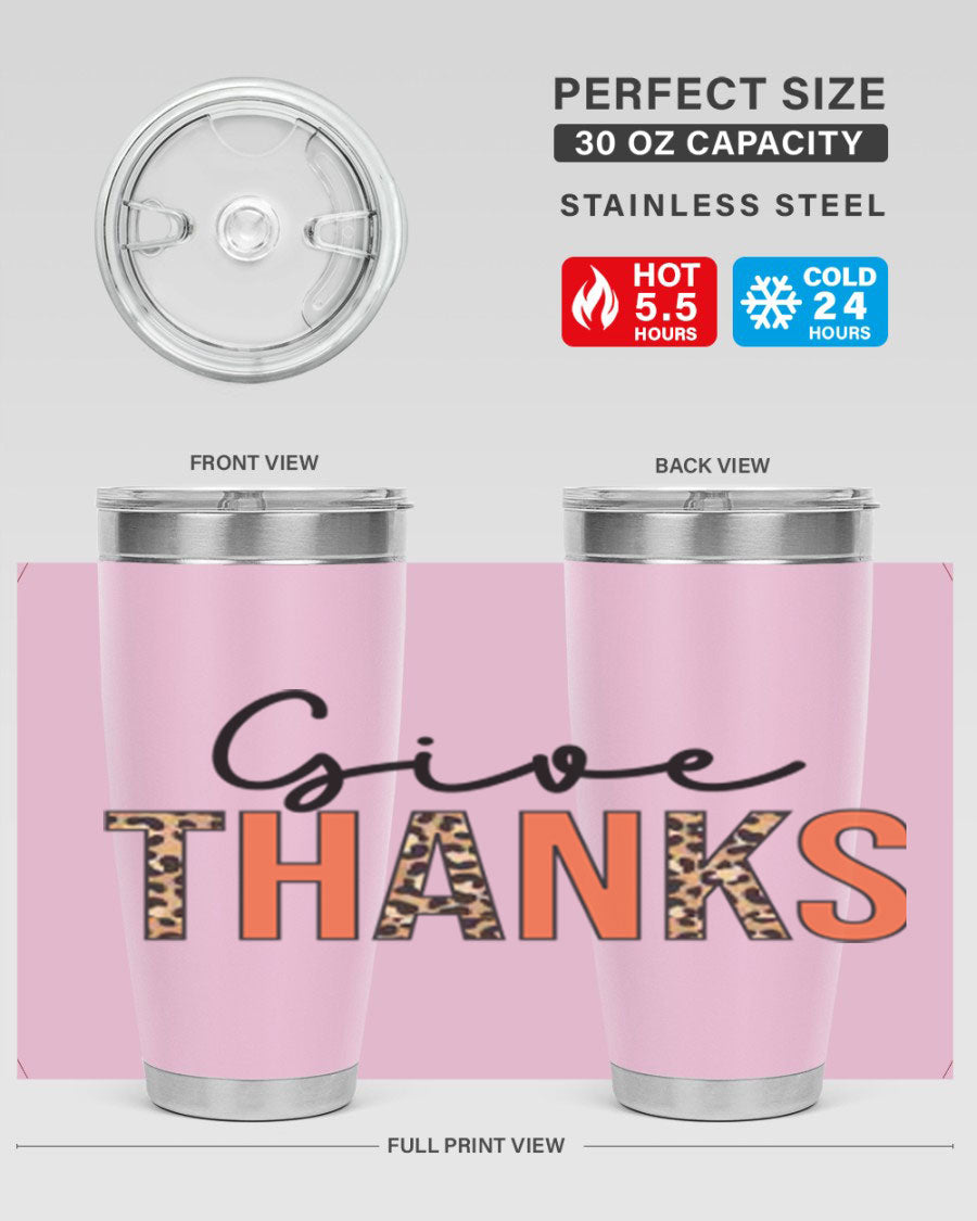 Give Thanks 20oz Tumbler featuring double wall vacuum stainless steel with copper lining, designed for hot and cold beverages.