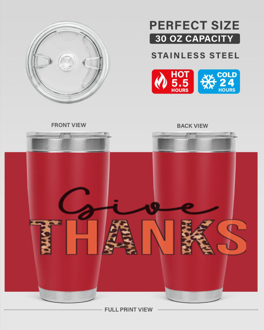 Give Thanks 20oz Tumbler featuring double wall vacuum stainless steel with copper lining, designed for hot and cold beverages.
