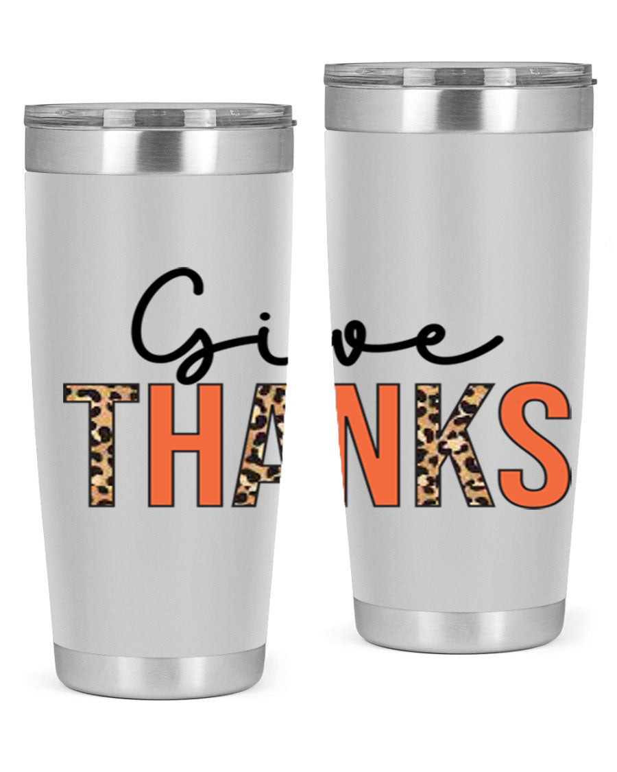 Give Thanks 20oz Tumbler featuring double wall vacuum stainless steel with copper lining, designed for hot and cold beverages.