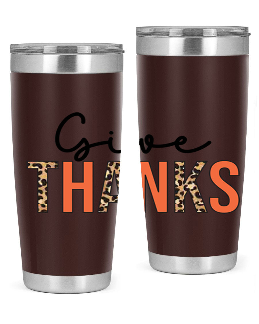 Give Thanks 20oz Tumbler featuring double wall vacuum stainless steel with copper lining, designed for hot and cold beverages.