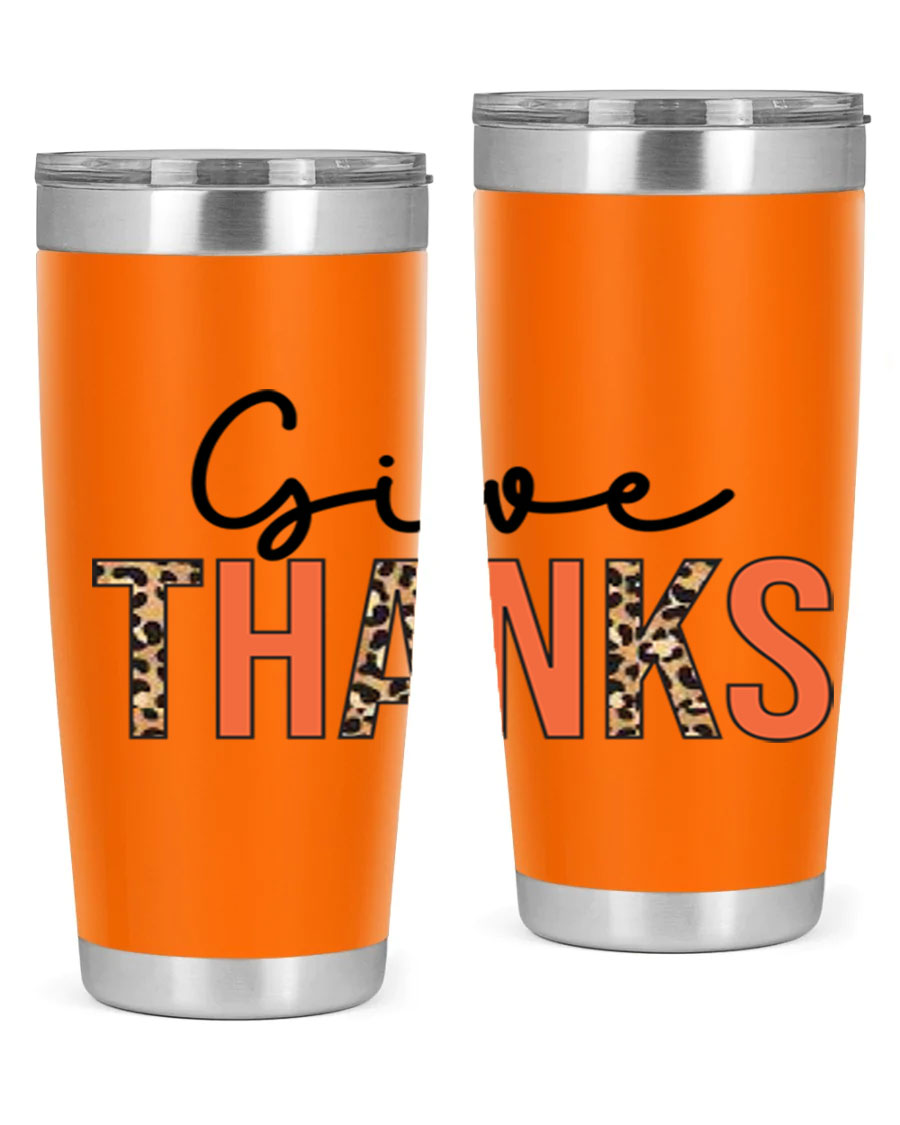 Give Thanks 20oz Tumbler featuring double wall vacuum stainless steel with copper lining, designed for hot and cold beverages.