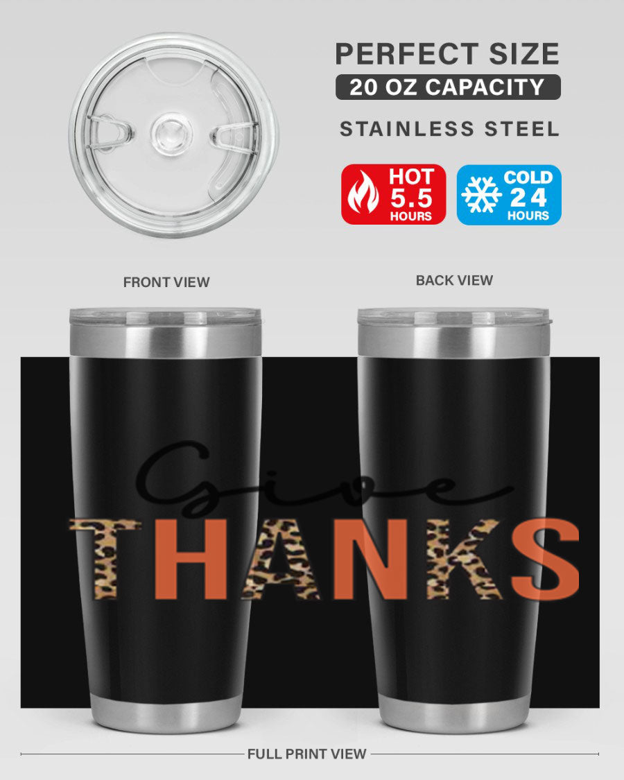 Give Thanks 20oz Tumbler featuring double wall vacuum stainless steel with copper lining, designed for hot and cold beverages.