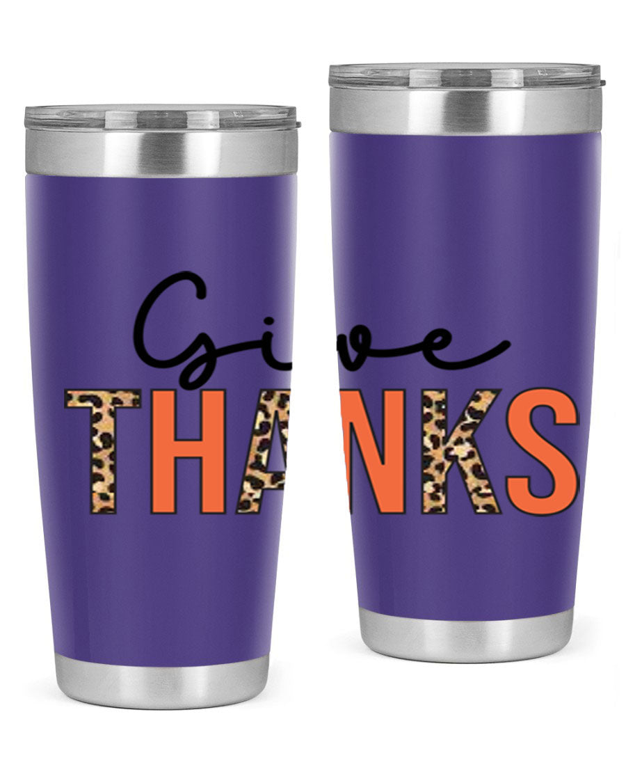 Give Thanks 20oz Tumbler featuring double wall vacuum stainless steel with copper lining, designed for hot and cold beverages.
