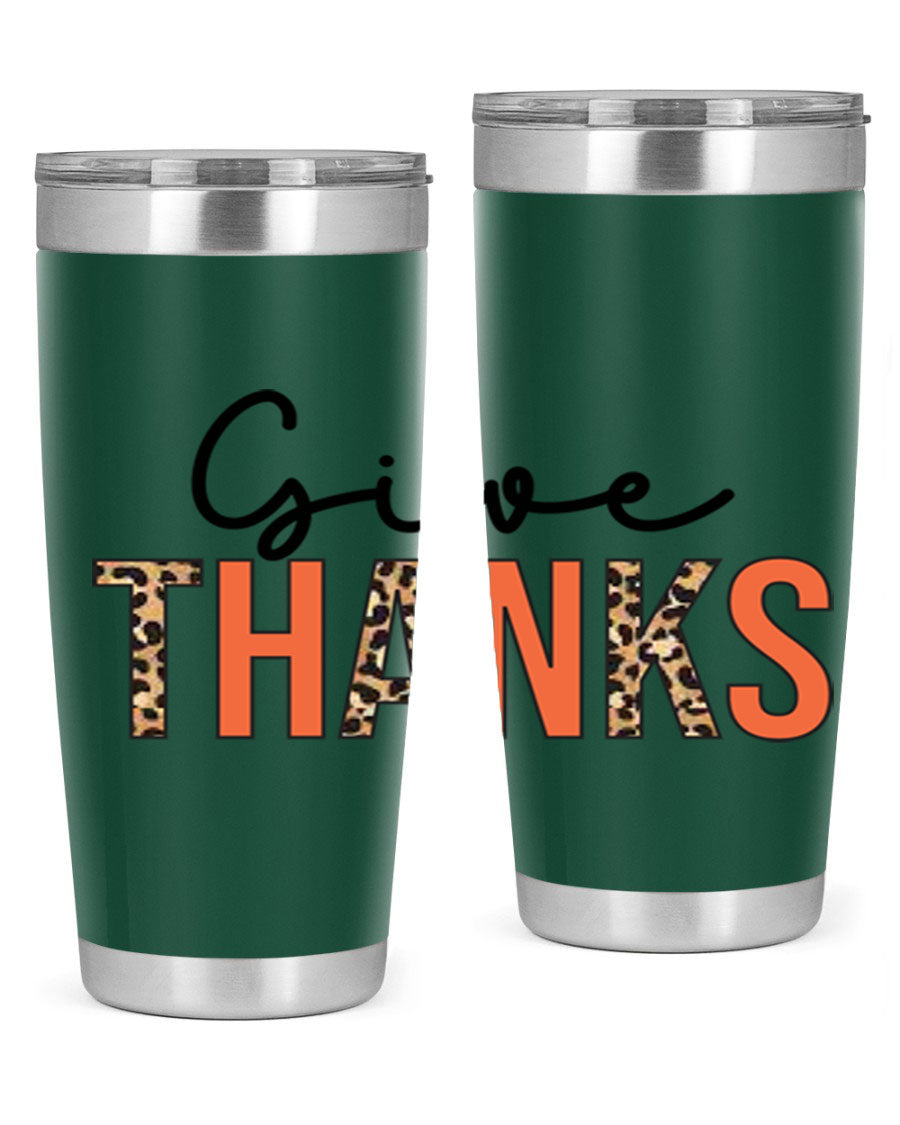Give Thanks 20oz Tumbler featuring double wall vacuum stainless steel with copper lining, designed for hot and cold beverages.