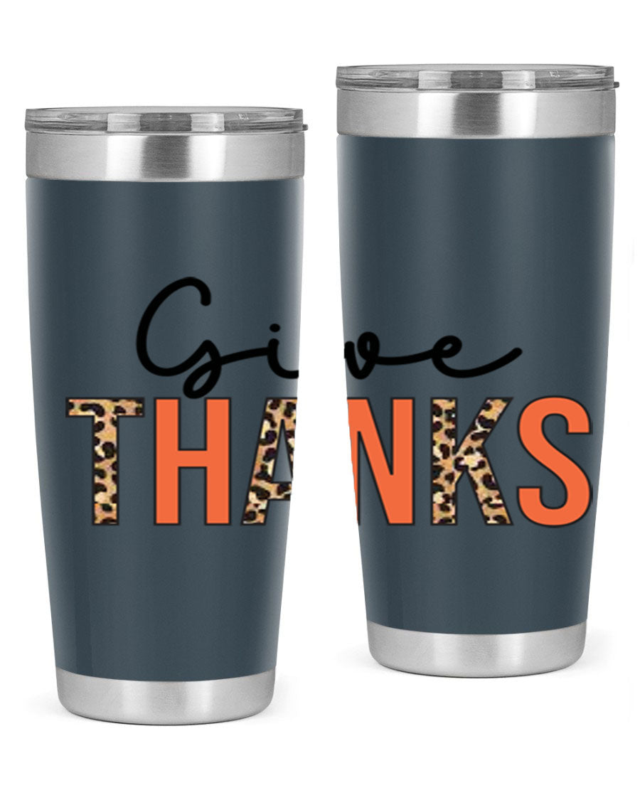 Give Thanks 20oz Tumbler featuring double wall vacuum stainless steel with copper lining, designed for hot and cold beverages.