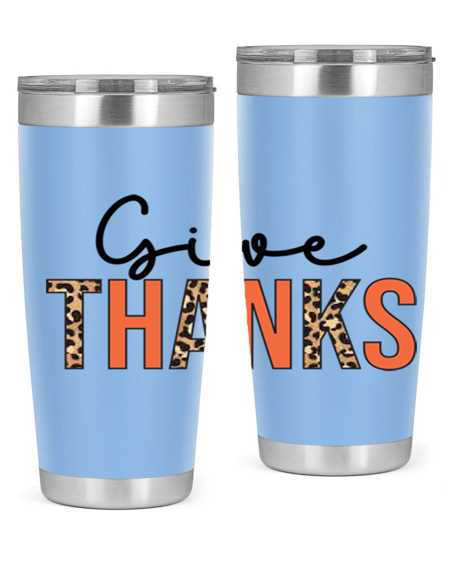Give Thanks 20oz Tumbler featuring double wall vacuum stainless steel with copper lining, designed for hot and cold beverages.