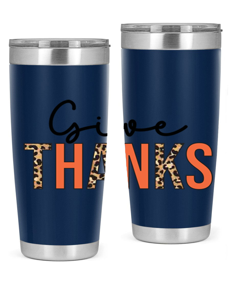 Give Thanks 20oz Tumbler featuring double wall vacuum stainless steel with copper lining, designed for hot and cold beverages.