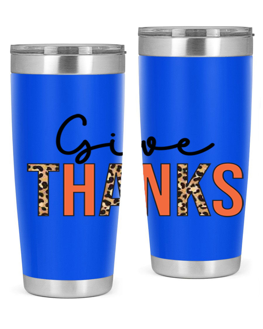 Give Thanks 20oz Tumbler featuring double wall vacuum stainless steel with copper lining, designed for hot and cold beverages.