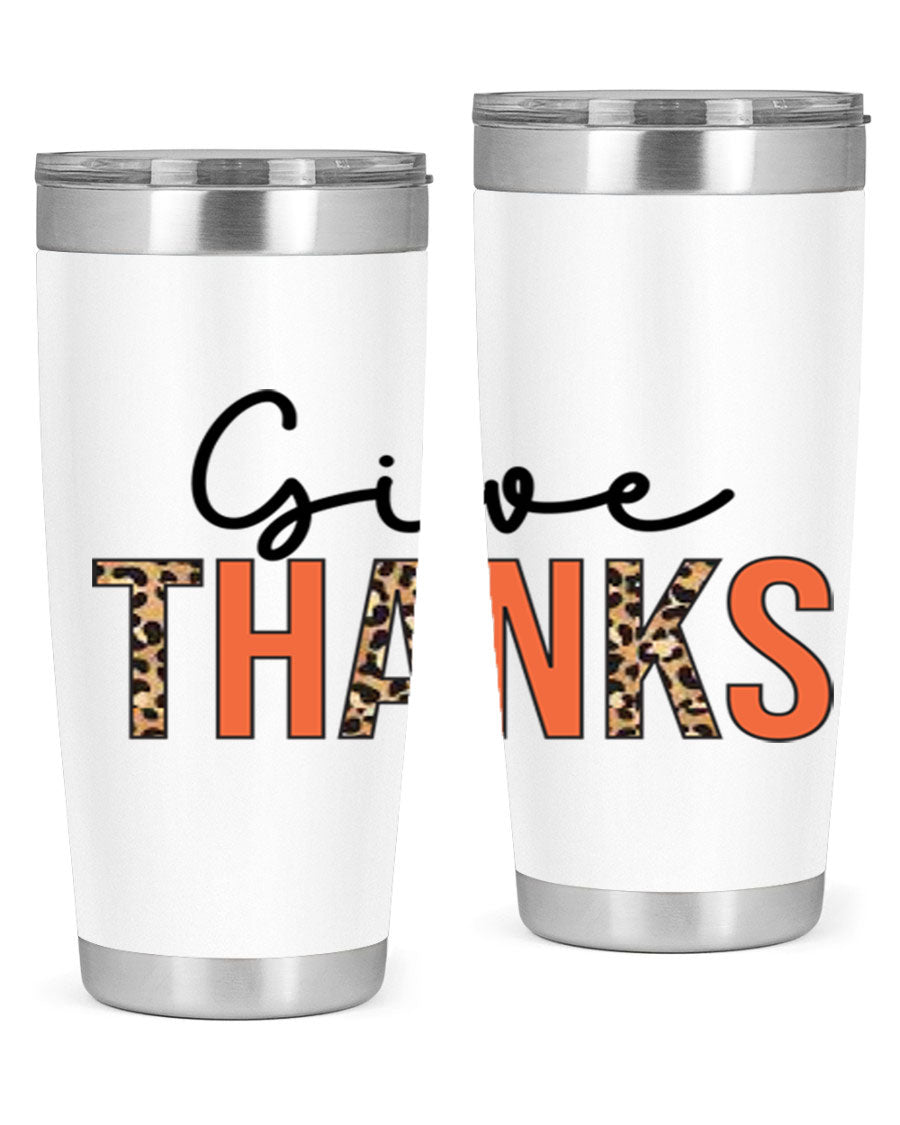 Give Thanks 20oz Tumbler featuring double wall vacuum stainless steel with copper lining, designed for hot and cold beverages.