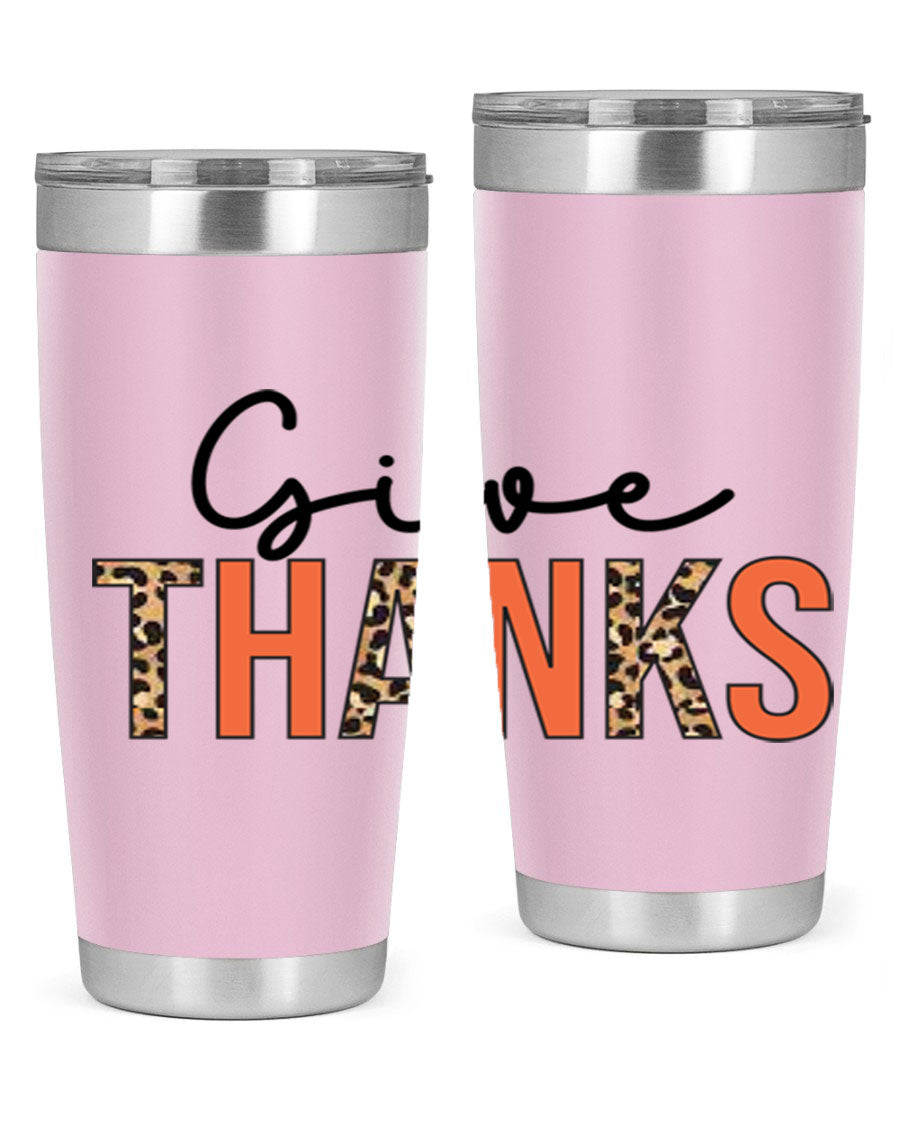 Give Thanks 20oz Tumbler featuring double wall vacuum stainless steel with copper lining, designed for hot and cold beverages.