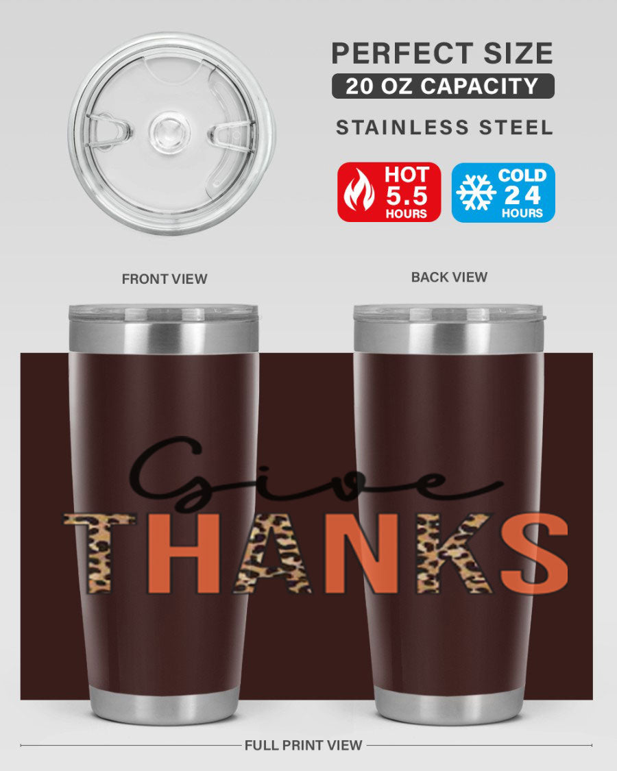 Give Thanks 20oz Tumbler featuring double wall vacuum stainless steel with copper lining, designed for hot and cold beverages.