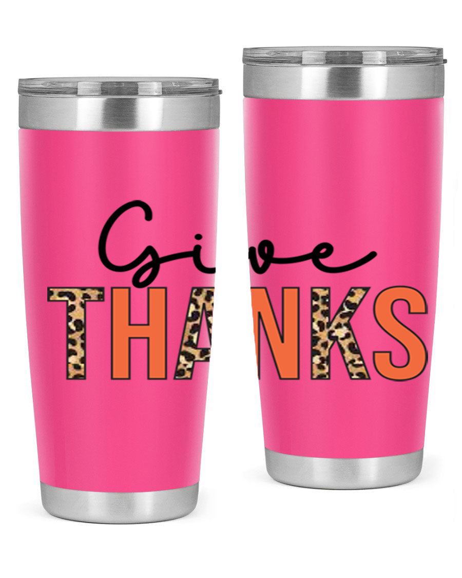 Give Thanks 20oz Tumbler featuring double wall vacuum stainless steel with copper lining, designed for hot and cold beverages.