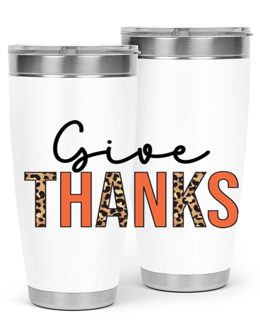 Give Thanks 20oz Tumbler featuring double wall vacuum stainless steel with copper lining, designed for hot and cold beverages.