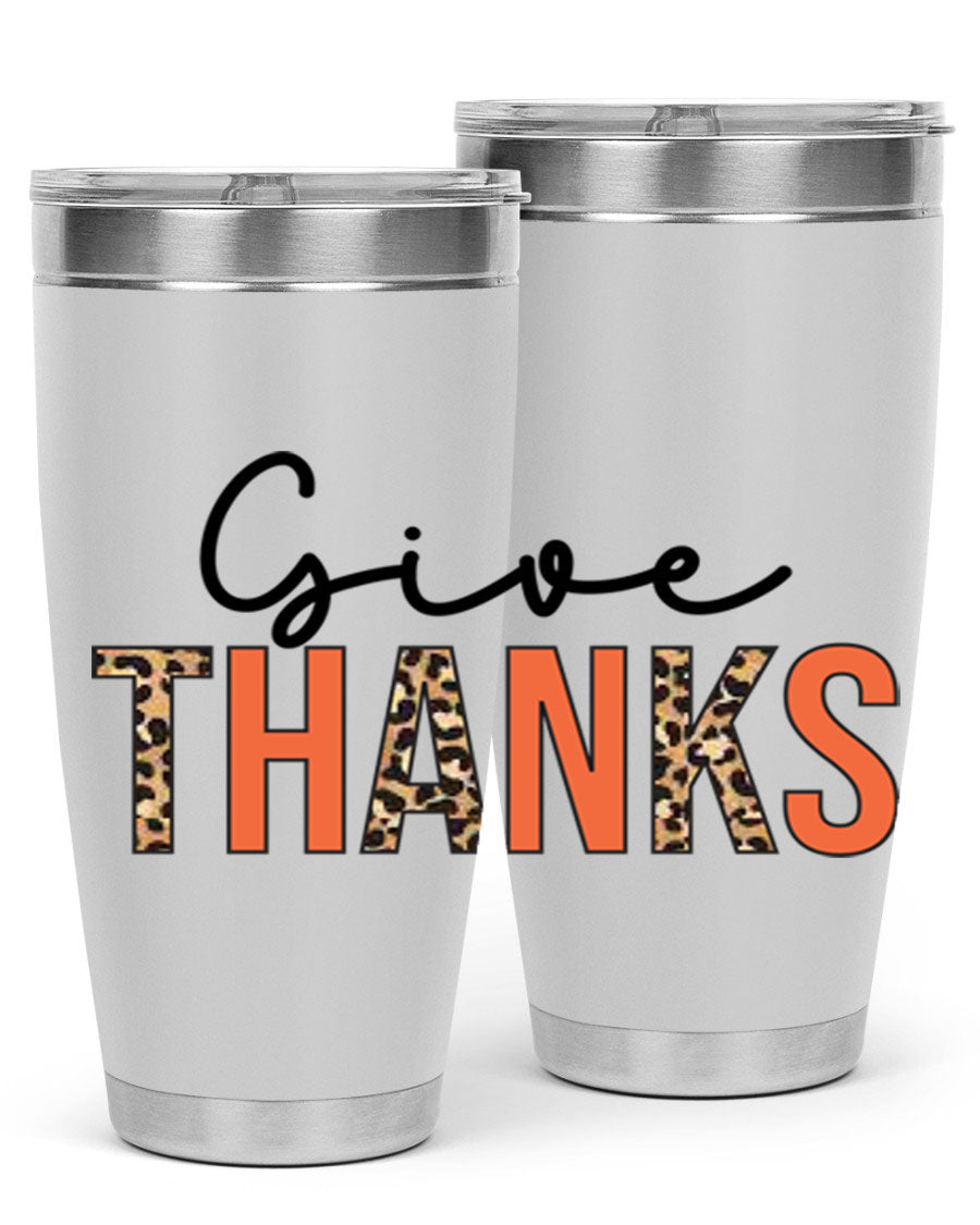 Give Thanks 20oz Tumbler featuring double wall vacuum stainless steel with copper lining, designed for hot and cold beverages.