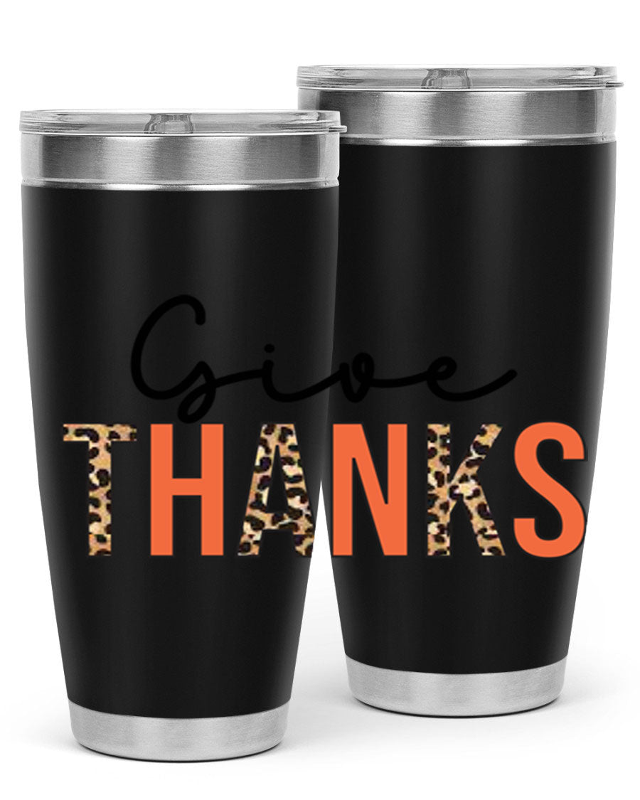 Give Thanks 20oz Tumbler featuring double wall vacuum stainless steel with copper lining, designed for hot and cold beverages.