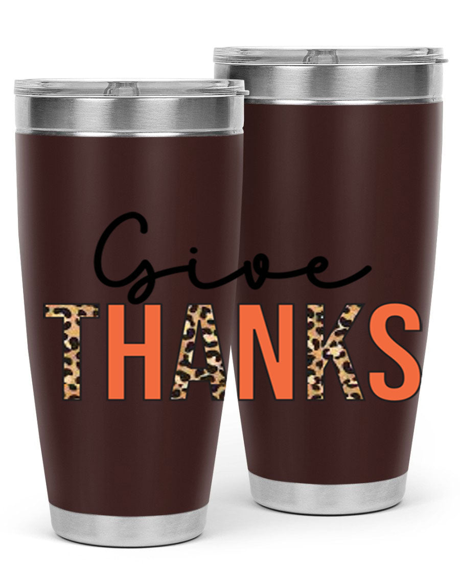 Give Thanks 20oz Tumbler featuring double wall vacuum stainless steel with copper lining, designed for hot and cold beverages.